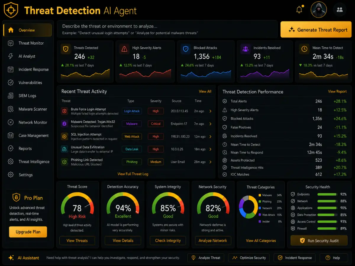 threatdetection.app AI threat detection app — threat monitoring and incident dashboard preview